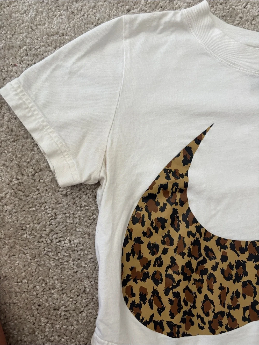 Nike White Short Sleeve crop Tee with Leopard Swoosh